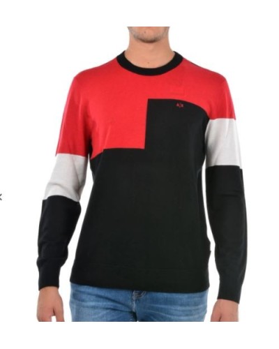 ARMANI AX MAGLIERIA PULLOVER 100% VIRGIN WOOL.9218 BLACK/JESTER RED/WHI
