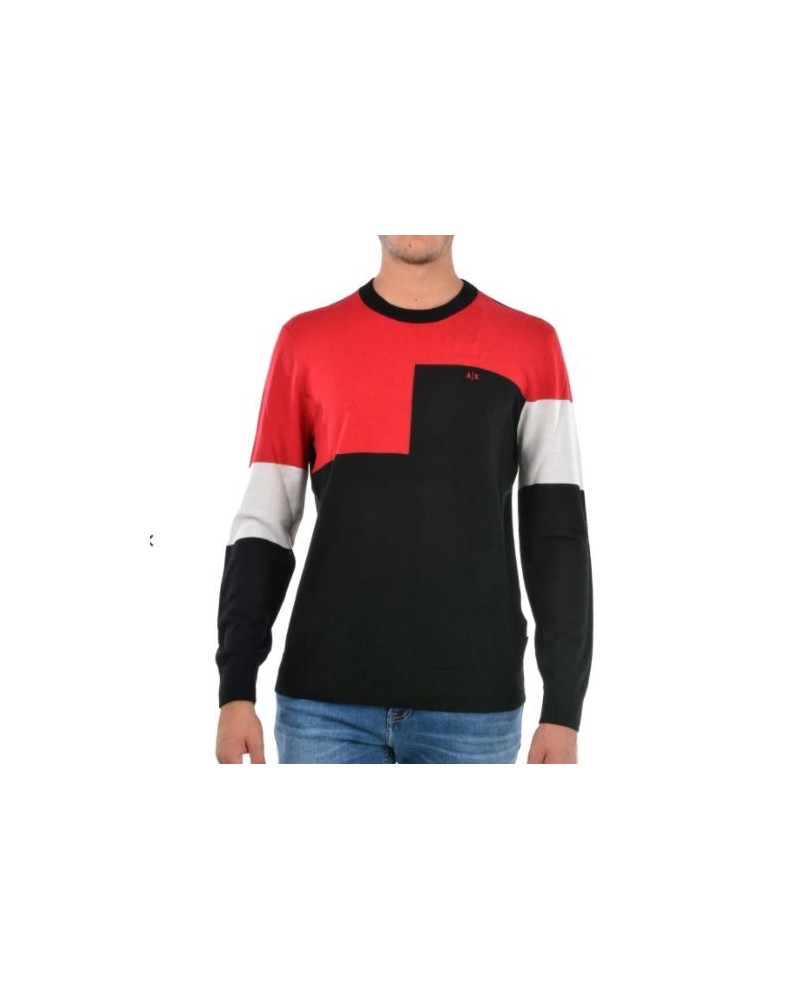 ARMANI AX MAGLIERIA PULLOVER 100% VIRGIN WOOL.9218 BLACK/JESTER RED/WHI