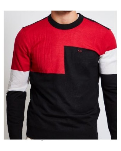 ARMANI AX MAGLIERIA PULLOVER 100% VIRGIN WOOL.9218 BLACK/JESTER RED/WHI